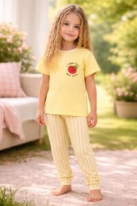 Kız Çocuk I Love You Berry Much Yazılı Çilek Baskılı Sarı Renk Pijama Takımı