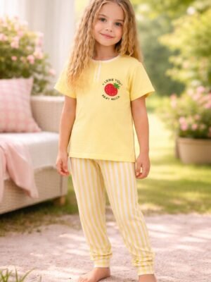 Kız Çocuk Pijama Takımı Sarı Baskılı Yazlık Rahat Uyku Seti
