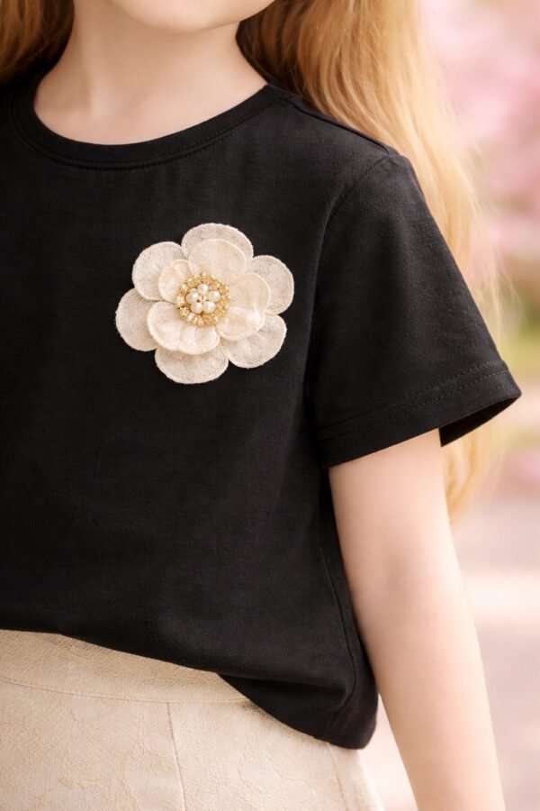 Kız Çocuk Siyah Takım Çiçek İşlemeli Kısa Kollu Günlük Kullanım - Gorsel 3