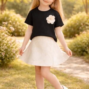 Kız Çocuk Siyah Takım Çiçek İşlemeli Kısa Kollu Günlük Kullanım