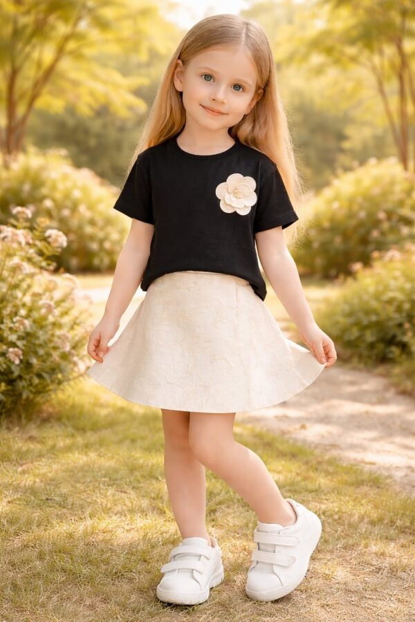 Kız Çocuk Siyah Takım Çiçek İşlemeli Kısa Kollu Günlük Kullanım