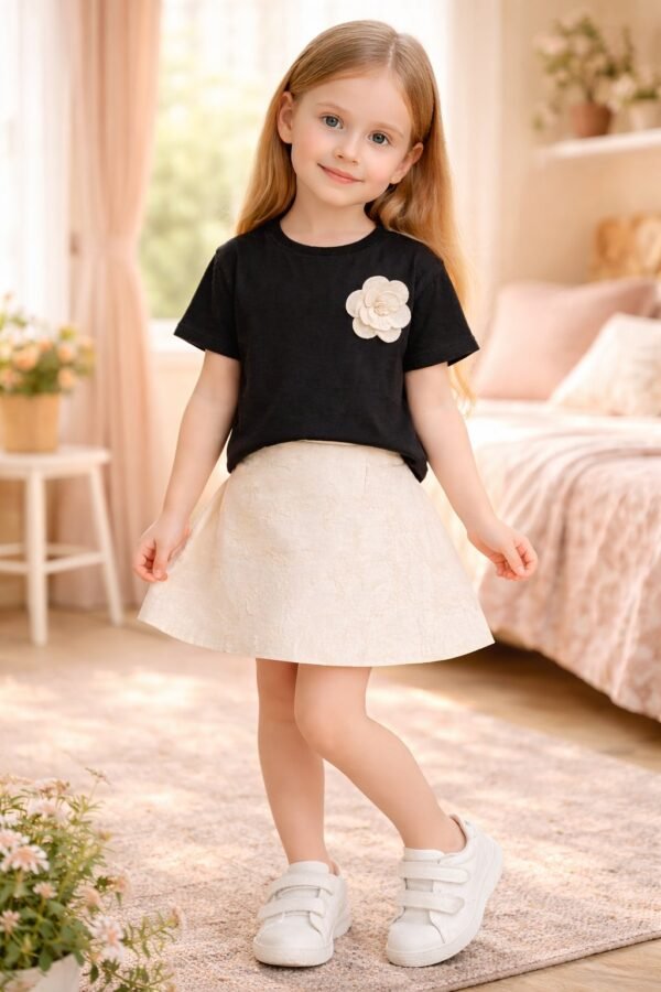 Kız Çocuk Siyah Takım Çiçek İşlemeli Kısa Kollu Günlük Kullanım - Gorsel 2