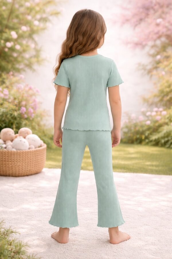 Kız Çocuk Kalp Baskılı Fitilli Su Yeşili Renkli Şortlu Kısakollu Takım, Kız Çocuk Giyim, Rahat ve Şık - Gorsel 4