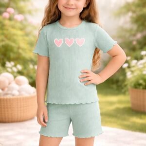 Kız Çocuk Kalp Baskılı Fitilli Su Yeşili Renkli Şortlu Kısakollu Takım, Kız Çocuk Giyim, Rahat ve Şık