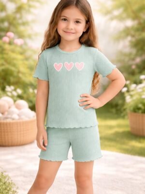 Kız Çocuk Kalp Baskılı Fitilli Su Yeşili Renkli Şortlu Kısakollu Takım, Kız Çocuk Giyim, Rahat ve Şık