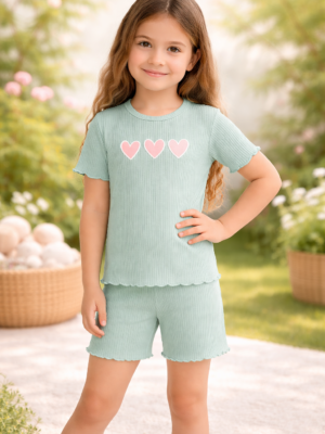 Kız Çocuk Kalp Baskılı Fitilli Su Yeşili Renkli Şortlu Kısakollu Takım, Kız Çocuk Giyim, Rahat ve Şık