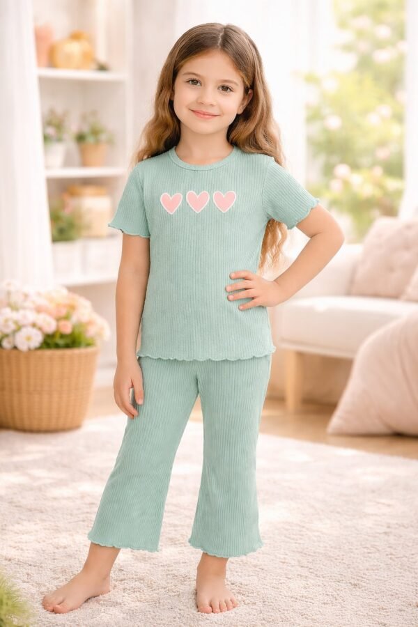 Kız Çocuk Kalp Baskılı Fitilli Su Yeşili Renkli Şortlu Kısakollu Takım, Kız Çocuk Giyim, Rahat ve Şık - Gorsel 2