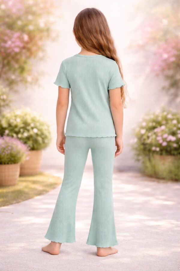 Kız Çocuk Kalp Baskılı Mint Yeşili Fitilli Kısa Kollu Takım, çocuk giyim, rahat ve şık - Gorsel 4