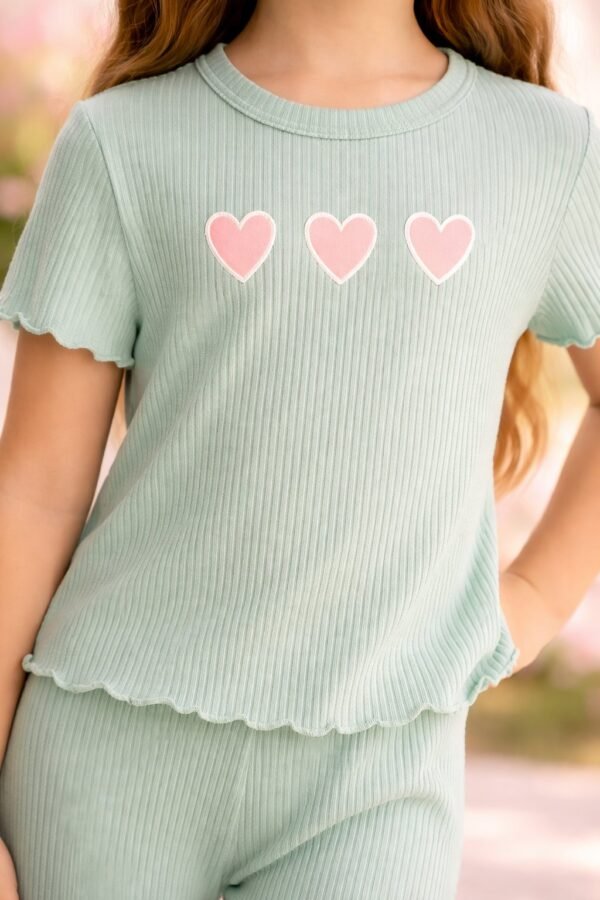 Kız Çocuk Kalp Baskılı Mint Yeşili Fitilli Kısa Kollu Takım, çocuk giyim, rahat ve şık - Gorsel 3