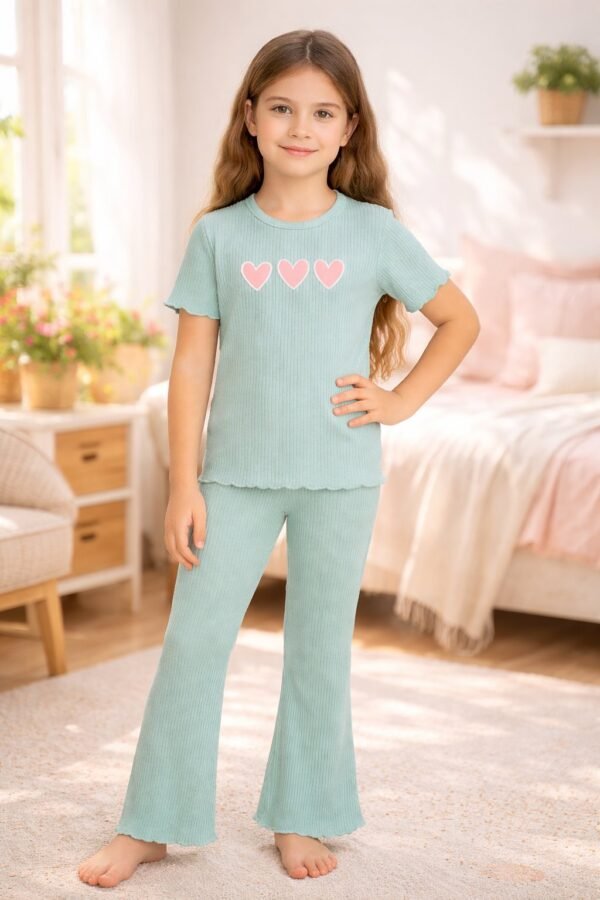 Kız Çocuk Kalp Baskılı Mint Yeşili Fitilli Kısa Kollu Takım, çocuk giyim, rahat ve şık - Gorsel 2