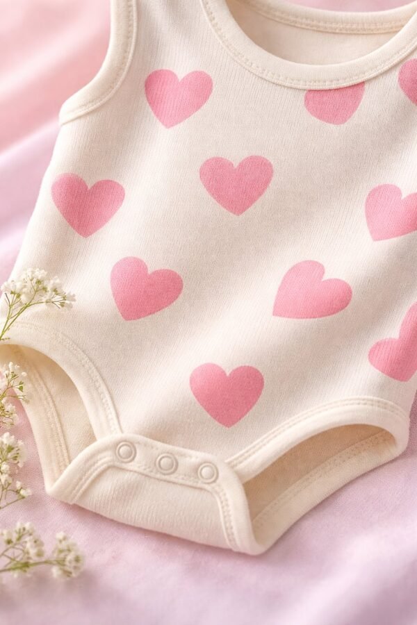 Kız Çocuk Kalp Baskılı Pamuklu Sıfır Kollu Çıtçıtlı Bady rahat hareket sağlar - Gorsel 3