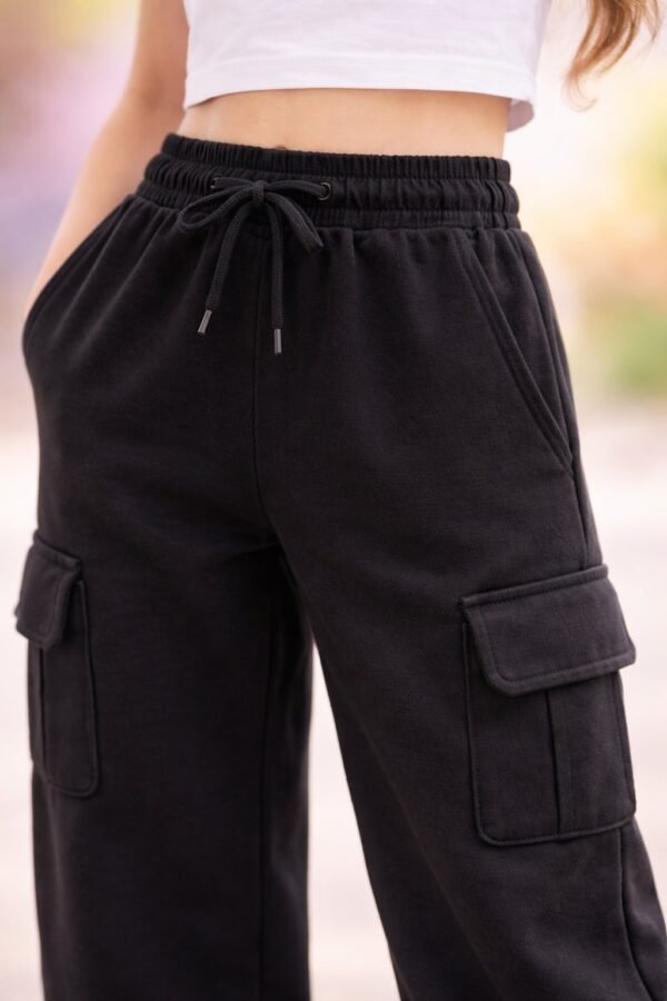 Kız Çocuk Spor Eşofman Altı Siyah Cepli Geniş Paçalı rahat kalıp - Gorsel 3