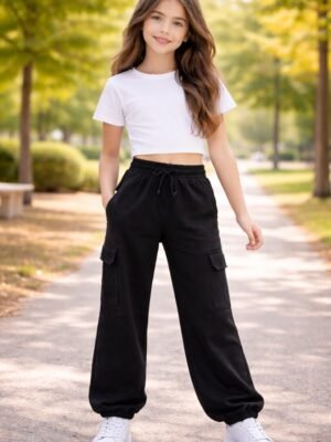 Kız Çocuk Spor Eşofman Altı Siyah Cepli Geniş Paçalı rahat kalıp