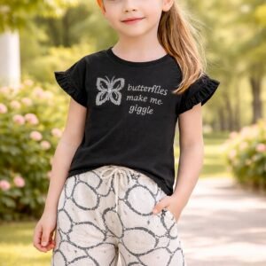 Kız Çocuk Kelebek Baskılı Tişörtlü Pantolon Takımı