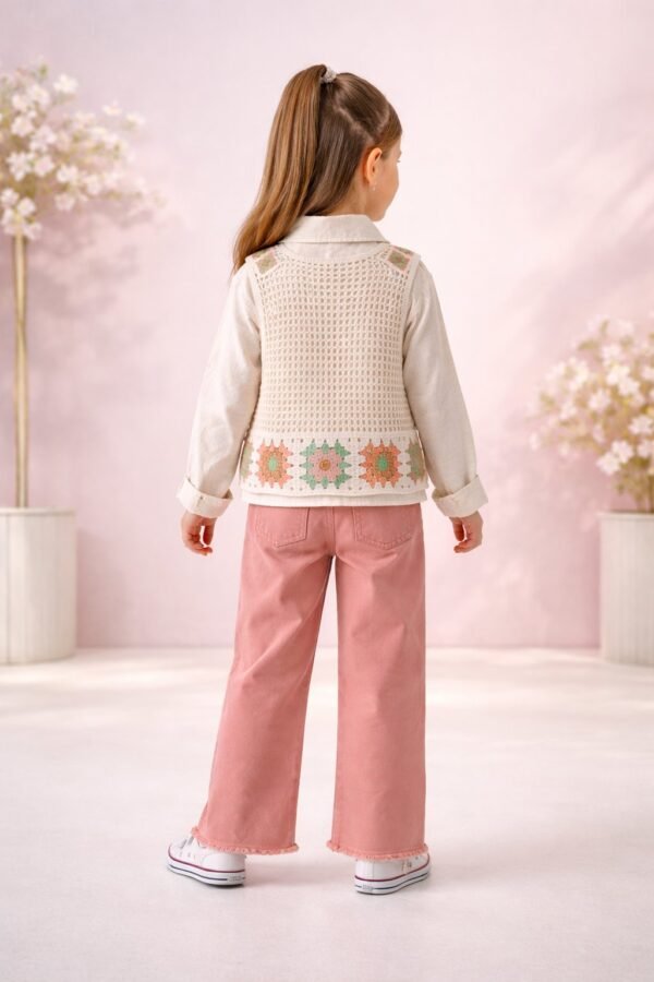 Kız çocuk keten gömlekli örgülü süveterli kot pantolonlu 3lü takım, yazlık ve rahat - Gorsel 4