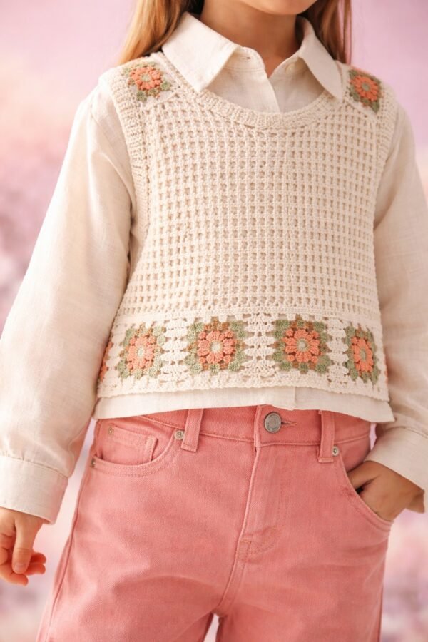 Kız çocuk keten gömlekli örgülü süveterli kot pantolonlu 3lü takım, yazlık ve rahat - Gorsel 3