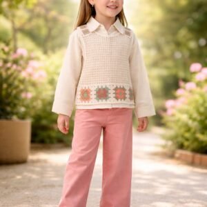 Kız Çocuk Keten Gömlekli Örgülü Süveterli Takım