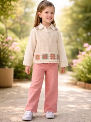 Kız çocuk keten gömlekli örgülü süveterli kot pantolonlu 3lü takım, yazlık ve rahat