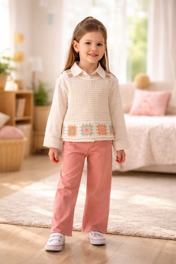 Kız çocuk keten gömlekli örgülü süveterli kot pantolonlu 3lü takım, yazlık ve rahat - Gorsel 2