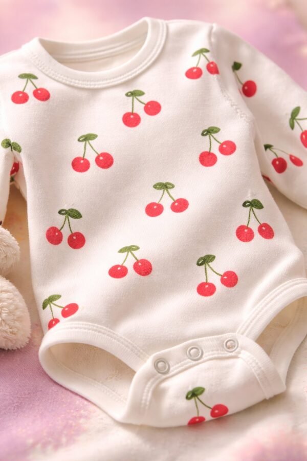 Kız Çocuk Kiraz Baskılı Uzun Kollu Çıtçıtlı Bady - Günlük ve Şık Kullanım - Gorsel 3