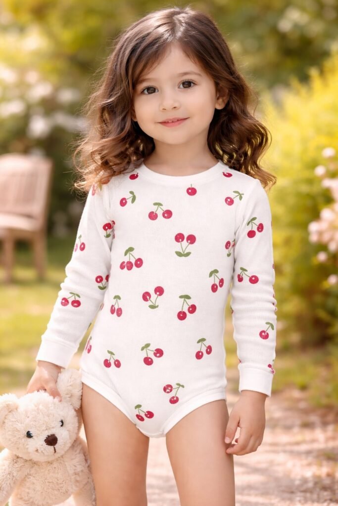 Kız Çocuk Kiraz Baskılı Uzun Kollu Çıtçıtlı Bady - Günlük ve Şık Kullanım