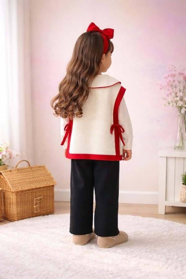 Kız Çocuk Kiraz Detaylı Yandan Bağçıklı Triko Takım, Krem Renkli, Rahat ve Şık Tasarım - Gorsel 4