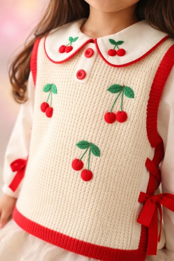 Kız Çocuk Kiraz Detaylı Yandan Bağçıklı Triko Takım, Krem Renkli, Rahat ve Şık Tasarım - Gorsel 3