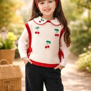 Kız Çocuk Kiraz Detaylı Yandan Bağçıklı Triko Takım, Krem Renkli, Rahat ve Şık Tasarım