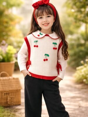 Kız Çocuk Kiraz Detaylı Yandan Bağçıklı Triko Takım, Krem Renkli, Rahat ve Şık Tasarım