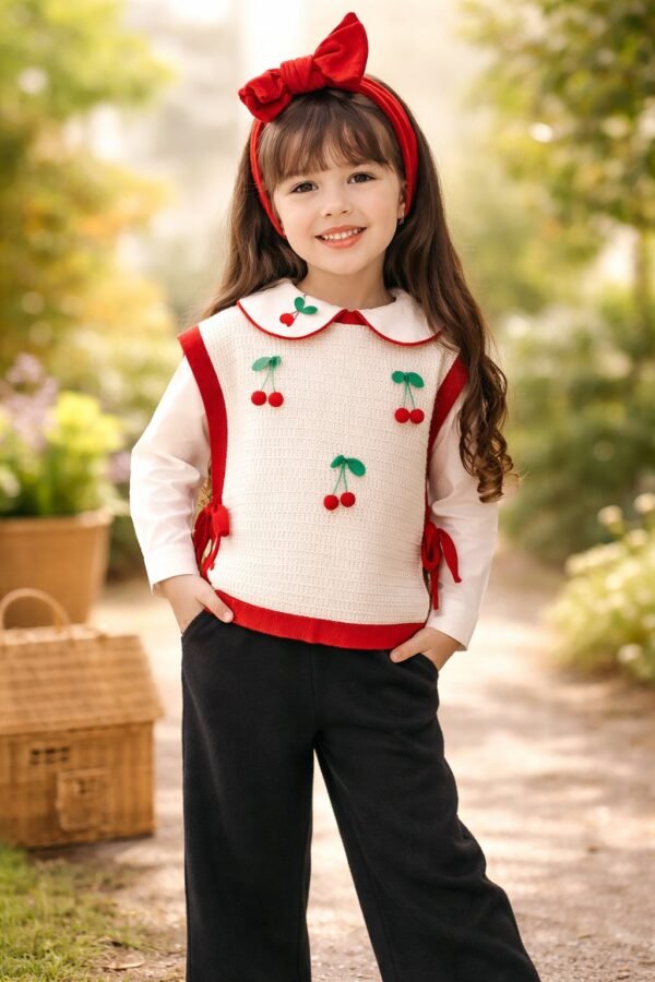 Kız Çocuk Kiraz Detaylı Yandan Bağçıklı Triko Takım, Krem Renkli, Rahat ve Şık Tasarım
