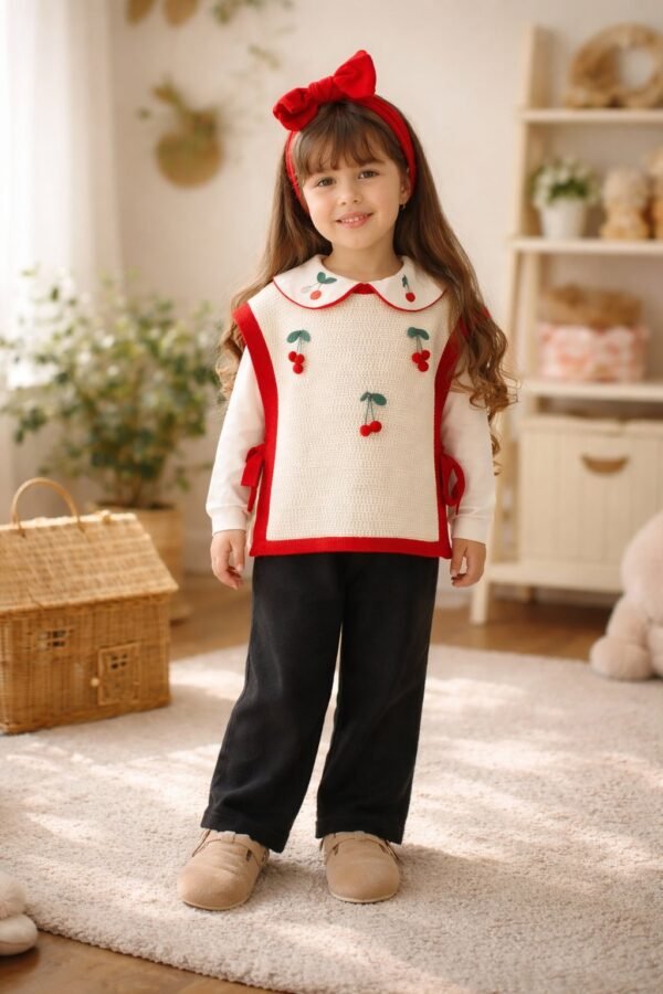 Kız Çocuk Kiraz Detaylı Yandan Bağçıklı Triko Takım, Krem Renkli, Rahat ve Şık Tasarım - Gorsel 2