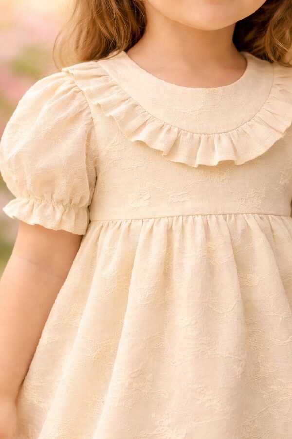 Kız çocuk kısa kollu elbise krem renkli fistolu detaylı rahat ve şık çocuk elbisesi - Gorsel 3