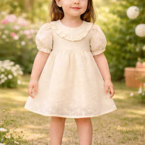 Kız çocuk kısa kollu elbise krem renkli fistolu detaylı rahat ve şık çocuk elbisesi