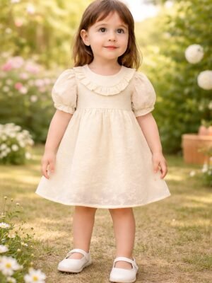 Kız çocuk kısa kollu elbise krem renkli fistolu detaylı rahat ve şık çocuk elbisesi