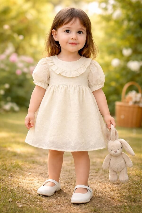 Kız çocuk kısa kollu elbise krem renkli fistolu detaylı rahat ve şık çocuk elbisesi - Gorsel 2