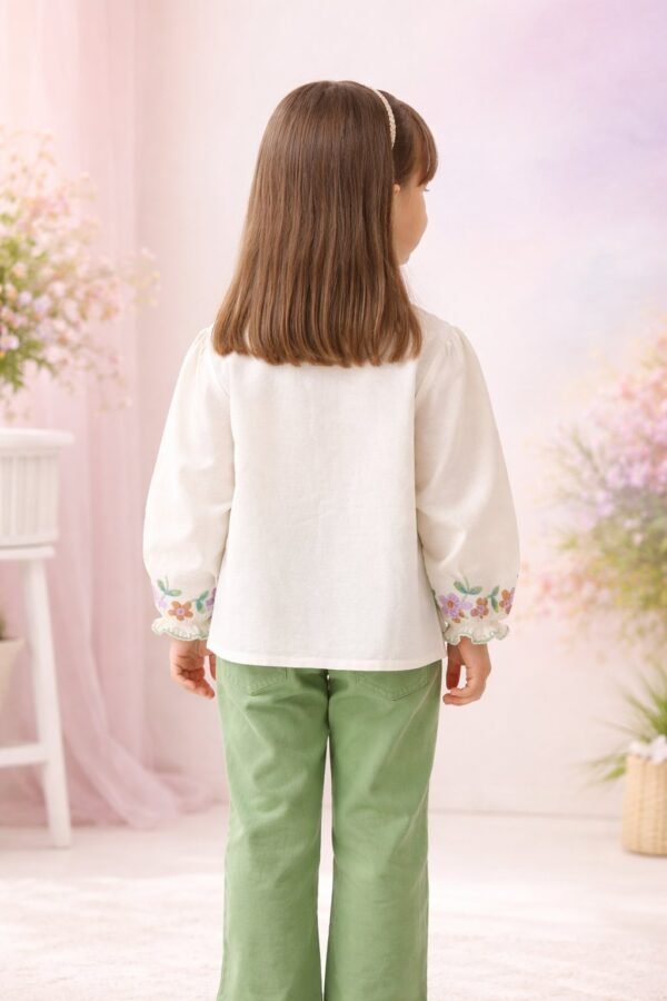 Kız Çocuk Keten Gömlek ve Kot Pantolon Takımı, rahat ve şık, günlük kullanım, uzun kollu, bisiklet yaka, çiçek nakışlı detaylar - Gorsel 4