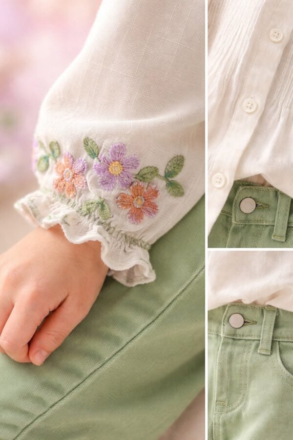 Kız Çocuk Keten Gömlek ve Kot Pantolon Takımı, rahat ve şık, günlük kullanım, uzun kollu, bisiklet yaka, çiçek nakışlı detaylar - Gorsel 3