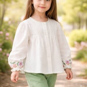 Kız Çocuk Keten Gömlek ve Kot Pantolon Takımı, rahat ve şık, günlük kullanım, uzun kollu, bisiklet yaka, çiçek nakışlı detaylar