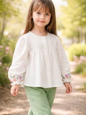 Kız Çocuk Keten Gömlek ve Kot Pantolon Takımı, rahat ve şık, günlük kullanım, uzun kollu, bisiklet yaka, çiçek nakışlı detaylar