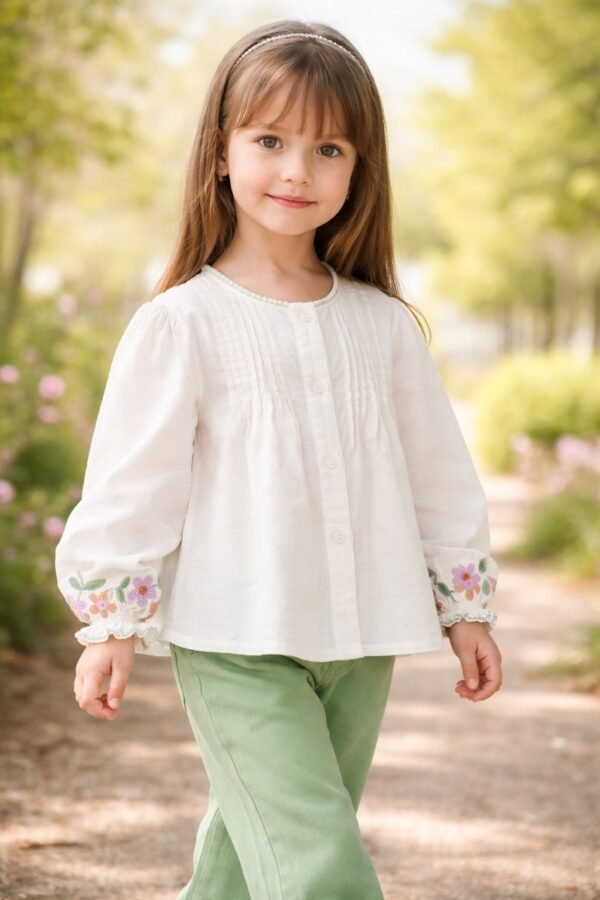 Kız Çocuk Keten Gömlek ve Kot Pantolon Takımı, rahat ve şık, günlük kullanım, uzun kollu, bisiklet yaka, çiçek nakışlı detaylar