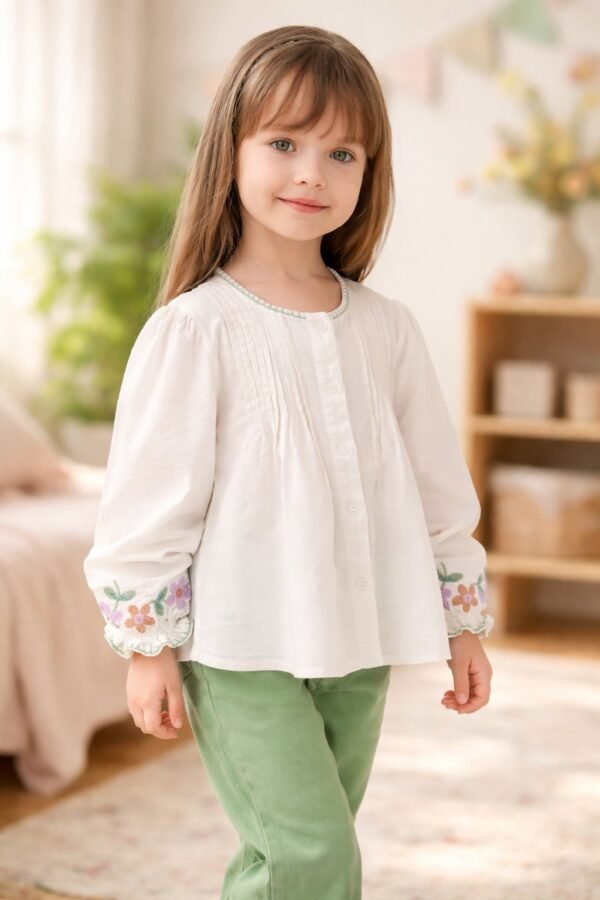 Kız Çocuk Keten Gömlek ve Kot Pantolon Takımı, rahat ve şık, günlük kullanım, uzun kollu, bisiklet yaka, çiçek nakışlı detaylar - Gorsel 2