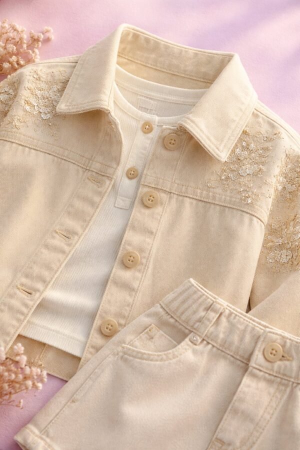 Kız Çocuk Kot Ceket ve Kısa Kollu Tişört Takımı, Pul Detayları, Krem Renkli - Gorsel 3
