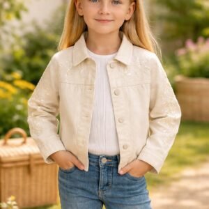 Kız Çocuk Kot Ceket ve Kısa Kollu Tişört Takımı, Pul Detayları, Krem Renkli