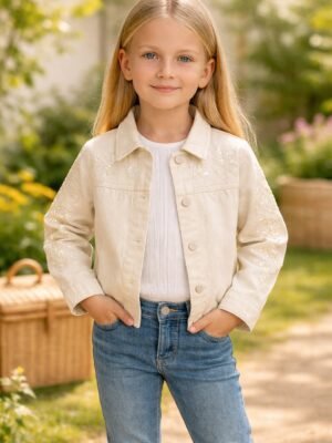 Kız Çocuk Kot Ceket ve Kısa Kollu Tişört Takımı, Pul Detayları, Krem Renkli