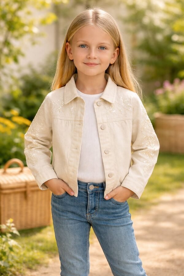 Kız Çocuk Kot Ceket ve Kısa Kollu Tişört Takımı, Pul Detayları, Krem Renkli