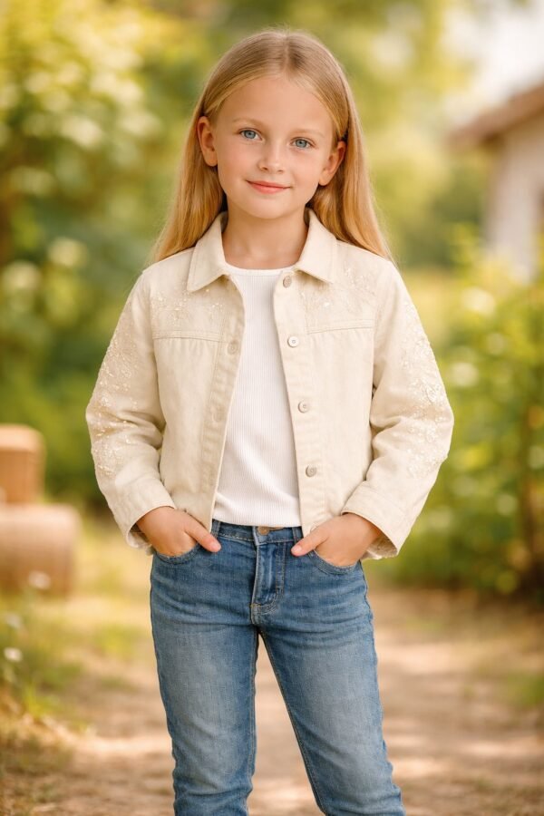Kız Çocuk Kot Ceket ve Kısa Kollu Tişört Takımı, Pul Detayları, Krem Renkli - Gorsel 2