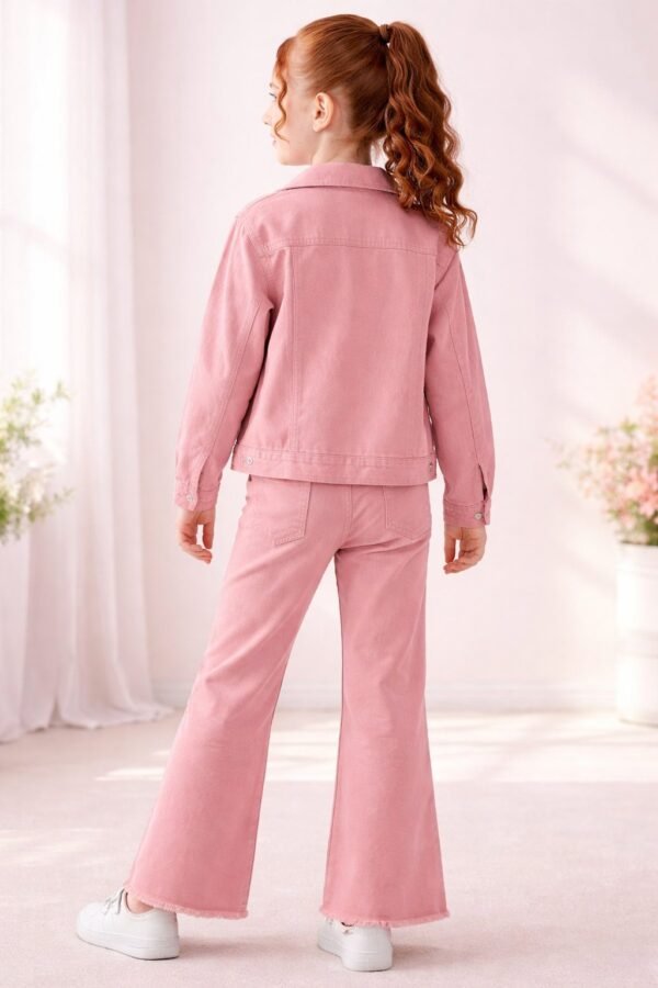 Kız Çocuk Kot Ceket Kısa Kollu Beyaz Tişört Takımı, Pembe, Rahat ve Şık - Gorsel 4