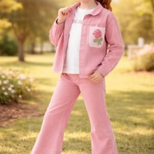 Kız Çocuk Kot Ceket Kısa Kollu Beyaz Tişörtlü Kot Pantolon Takım