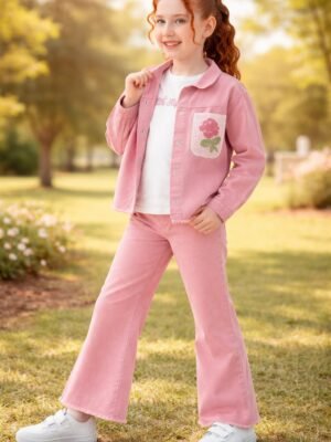 Kız Çocuk Kot Ceket Kısa Kollu Beyaz Tişört Takımı, Pembe, Rahat ve Şık