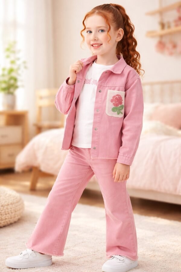 Kız Çocuk Kot Ceket Kısa Kollu Beyaz Tişört Takımı, Pembe, Rahat ve Şık - Gorsel 2